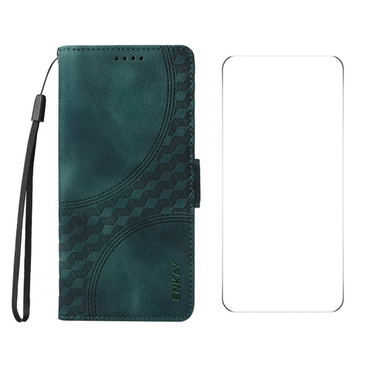 For iPhone 16 Pro ENKAY Embossed Rhombus Starry Leather Phone Case with Screen Film(Green) - iPhone 16 Pro Cases by ENKAY | Online Shopping South Africa | PMC Jewellery | Buy Now Pay Later Mobicred