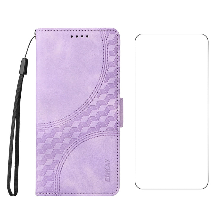 For OPPO Reno12 F 4G Global ENKAY Embossed Rhombus Starry Leather Phone Case with Screen Film(Purple) - Reno12 F Cases by ENKAY | Online Shopping South Africa | PMC Jewellery | Buy Now Pay Later Mobicred