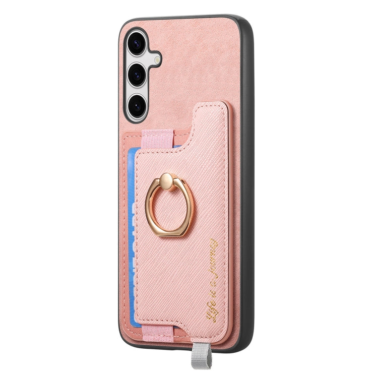 For Samsung Galaxy S25 5G Retro Cross Leather Ring Horizontal Insert Card Bag MagSafe Phone Case(Pink) - Galaxy S25 5G Cases by PMC Jewellery | Online Shopping South Africa | PMC Jewellery | Buy Now Pay Later Mobicred