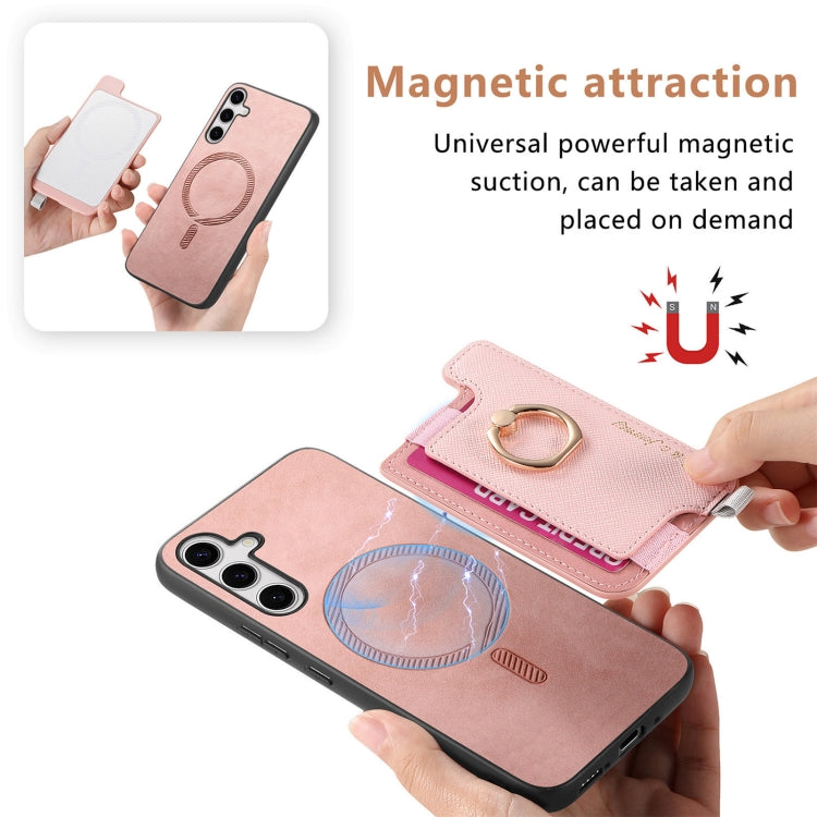 For Samsung Galaxy S25 Ultra 5G Retro Cross Leather Ring Horizontal Insert Card Bag MagSafe Phone Case(Pink) - Galaxy S25 Ultra 5G Cases by PMC Jewellery | Online Shopping South Africa | PMC Jewellery | Buy Now Pay Later Mobicred