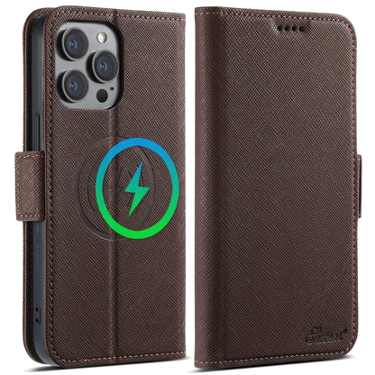 For iPhone 16 Pro Suteni J08 Multifunctional Cross Texture MagSafe Leather Phone Case(Brown) - iPhone 16 Pro Cases by Suteni | Online Shopping South Africa | PMC Jewellery | Buy Now Pay Later Mobicred