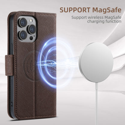 For iPhone 16 Plus Suteni J08 Multifunctional Cross Texture MagSafe Leather Phone Case(Brown) - iPhone 16 Plus Cases by Suteni | Online Shopping South Africa | PMC Jewellery | Buy Now Pay Later Mobicred