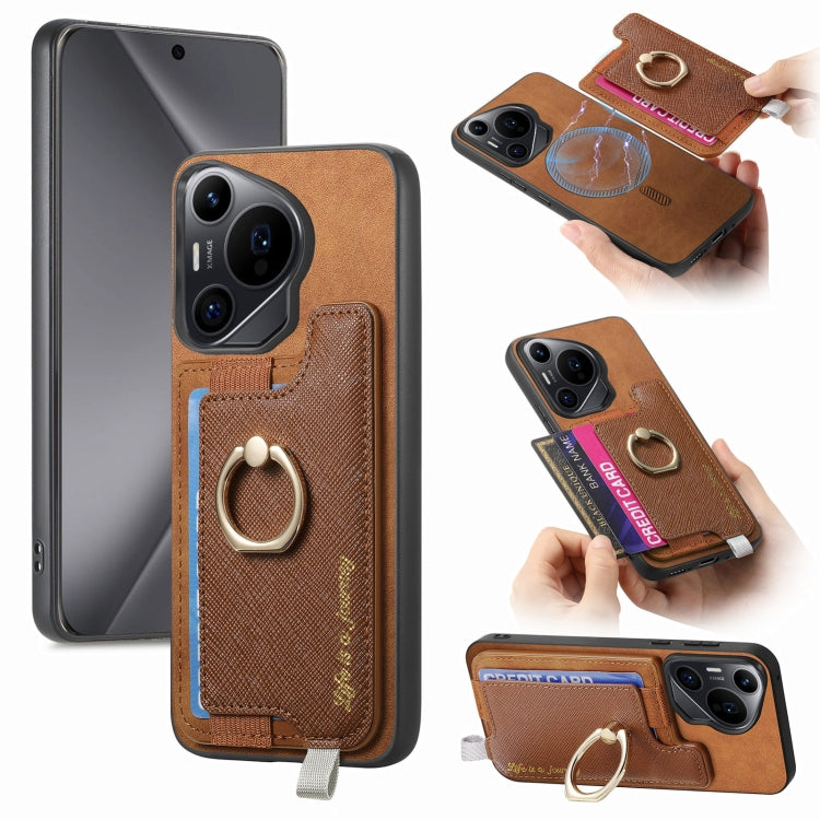 For Huawei Pura 70 Retro Magsafe Cross Leather Ring Holder Card Bag Phone Case(Brown) - Huawei Cases by PMC Jewellery | Online Shopping South Africa | PMC Jewellery | Buy Now Pay Later Mobicred