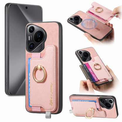 For Huawei Pura 70 Pro+ Retro Magsafe Cross Leather Ring Holder Card Bag Phone Case(Pink) - Huawei Cases by PMC Jewellery | Online Shopping South Africa | PMC Jewellery | Buy Now Pay Later Mobicred