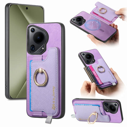 For Huawei Pura 70 Ultra Retro Magsafe Cross Leather Ring Holder Card Bag Phone Case(Purple) - Huawei Cases by PMC Jewellery | Online Shopping South Africa | PMC Jewellery | Buy Now Pay Later Mobicred