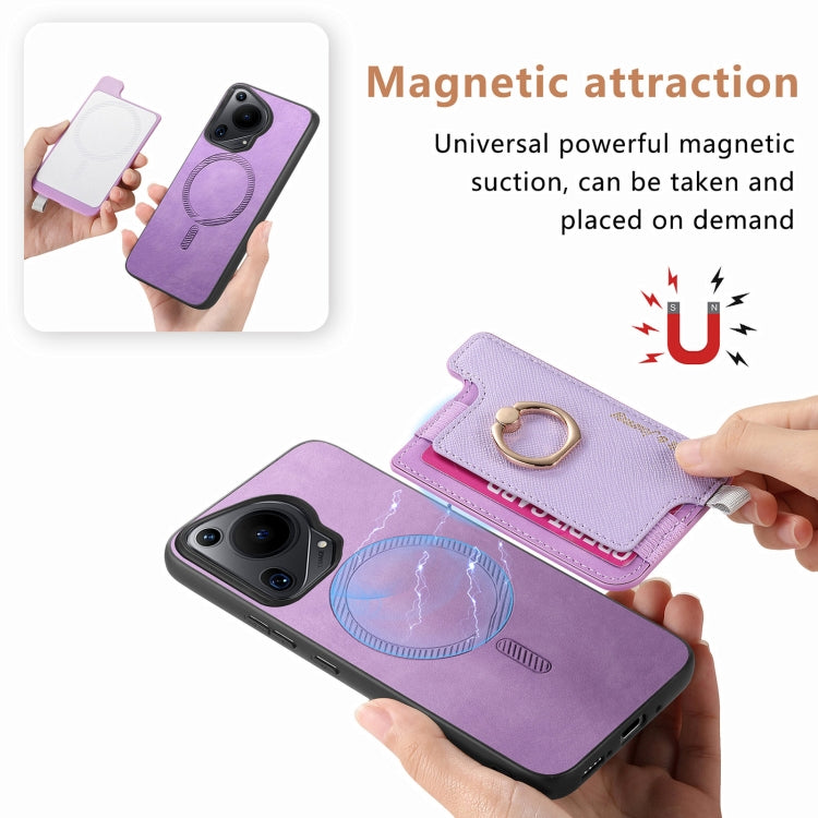 For Huawei Pura 70 Ultra Retro Magsafe Cross Leather Ring Holder Card Bag Phone Case(Purple) - Huawei Cases by PMC Jewellery | Online Shopping South Africa | PMC Jewellery | Buy Now Pay Later Mobicred