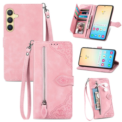 For Samsung Galaxy S25 5G Embossed Flower Zipper Leather Phone Case(Pink) - Galaxy S25 5G Cases by PMC Jewellery | Online Shopping South Africa | PMC Jewellery | Buy Now Pay Later Mobicred