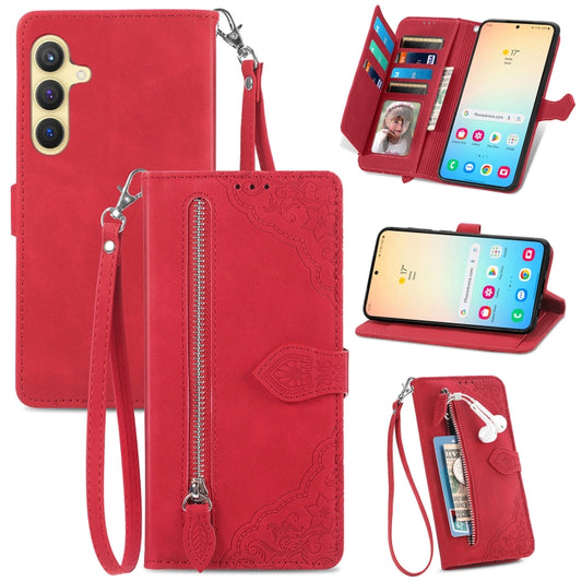 For Samsung Galaxy S25 5G Embossed Flower Zipper Leather Phone Case(Red) - Galaxy S25 5G Cases by PMC Jewellery | Online Shopping South Africa | PMC Jewellery | Buy Now Pay Later Mobicred