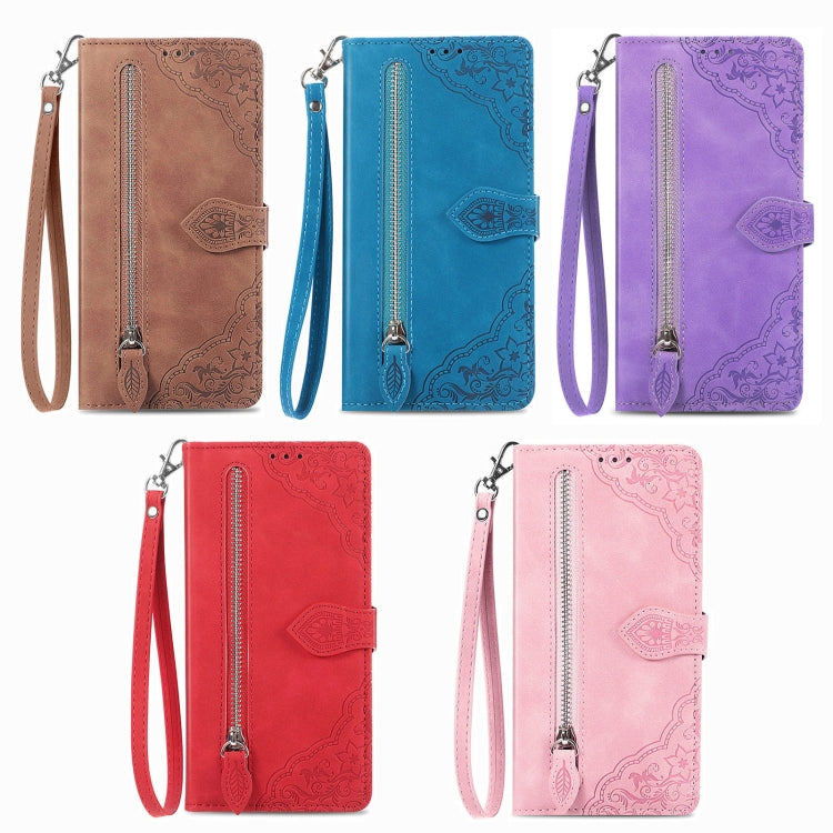 For Samsung Galaxy S25+ 5G Embossed Flower Zipper Leather Phone Case(Brown) - Galaxy S25+ 5G Cases by PMC TechLife | Online Shopping South Africa | PMC TechLife | Buy Now Pay Later Mobicred