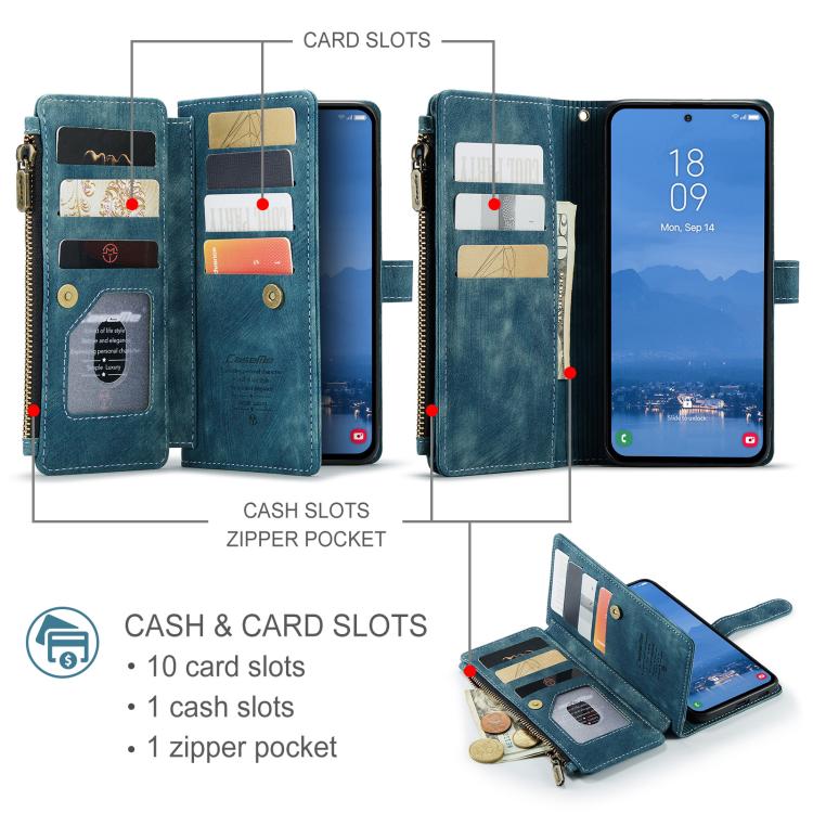 For Samsung Galaxy S25+ 5G CaseMe C30 Card Slots Zipper Wallet Leather Phone Case(Blue) - Galaxy S25+ 5G Cases by CaseMe | Online Shopping South Africa | PMC Jewellery | Buy Now Pay Later Mobicred