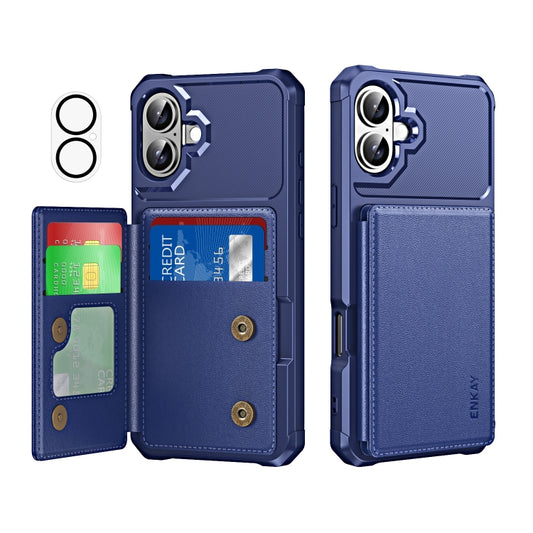 For iPhone 16 ENKAY Hat-Prince Card Slot Wallet TPU Back Leather Phone Case with Lens Film(Dark Blue) - iPhone 16 Cases by ENKAY | Online Shopping South Africa | PMC Jewellery | Buy Now Pay Later Mobicred