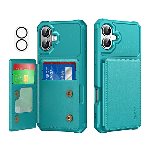 For iPhone 16 ENKAY Hat-Prince Card Slot Wallet TPU Back Leather Phone Case with Lens Film(Cyan) - iPhone 16 Cases by ENKAY | Online Shopping South Africa | PMC Jewellery | Buy Now Pay Later Mobicred