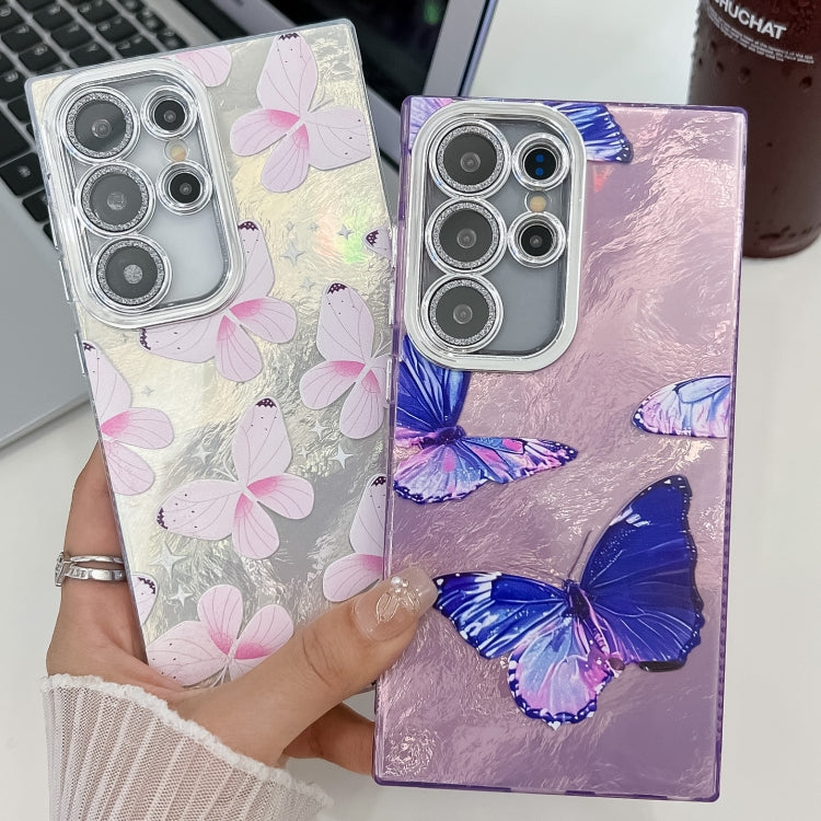 For Samsung Galaxy S25+ 5G Plating Texture Butterfly TPU Phone Case with Glitter Lens Film(Daisy Butterflies HU2) - Galaxy S25+ 5G Cases by PMC Jewellery | Online Shopping South Africa | PMC Jewellery | Buy Now Pay Later Mobicred