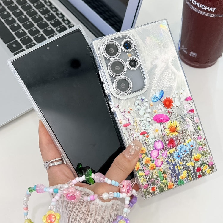 For Samsung Galaxy S25 5G Electroplating Flower Texture Wristband TPU Phone Case(Purple Wildflowers SH1) - Galaxy S25 5G Cases by PMC Jewellery | Online Shopping South Africa | PMC Jewellery | Buy Now Pay Later Mobicred