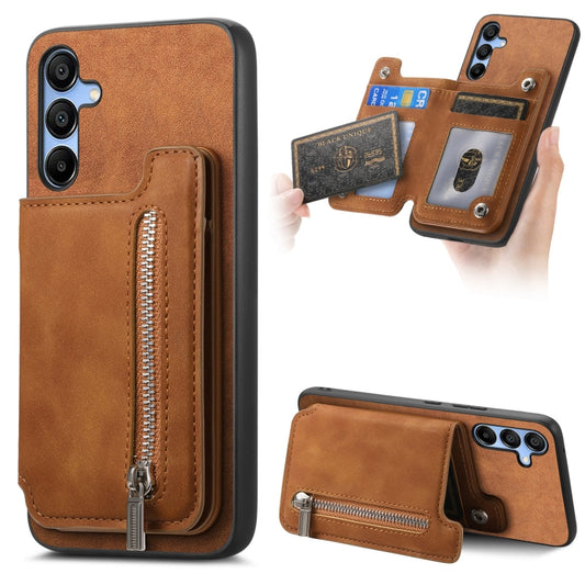 For Samsung Galaxy S25 5G Retro MagSafe Zipper Wallet Card Bag Back Phone Case(Brown) - Galaxy S25 5G Cases by PMC Jewellery | Online Shopping South Africa | PMC Jewellery | Buy Now Pay Later Mobicred