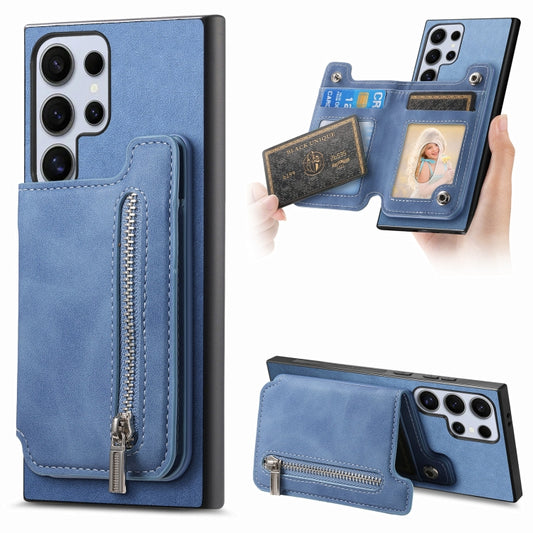 For Samsung Galaxy S25 Ultra 5G Retro MagSafe Zipper Wallet Card Bag Back Phone Case(Blue) - Galaxy S25 Ultra 5G Cases by PMC Jewellery | Online Shopping South Africa | PMC Jewellery | Buy Now Pay Later Mobicred