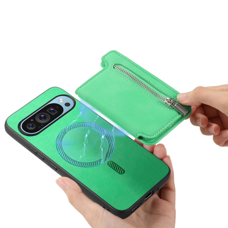 For Google Pixel 9 Pro XL Retro MagSafe Zipper Wallet Card Bag Back Phone Case(Green) - Google Cases by PMC TechLife | Online Shopping South Africa | PMC TechLife | Buy Now Pay Later Mobicred