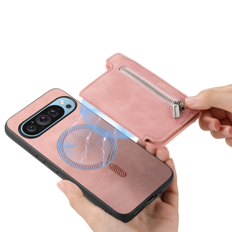For Google Pixel 8 Pro Retro MagSafe Zipper Wallet Card Bag Back Phone Case(Pink) - Google Cases by PMC TechLife | Online Shopping South Africa | PMC TechLife | Buy Now Pay Later Mobicred