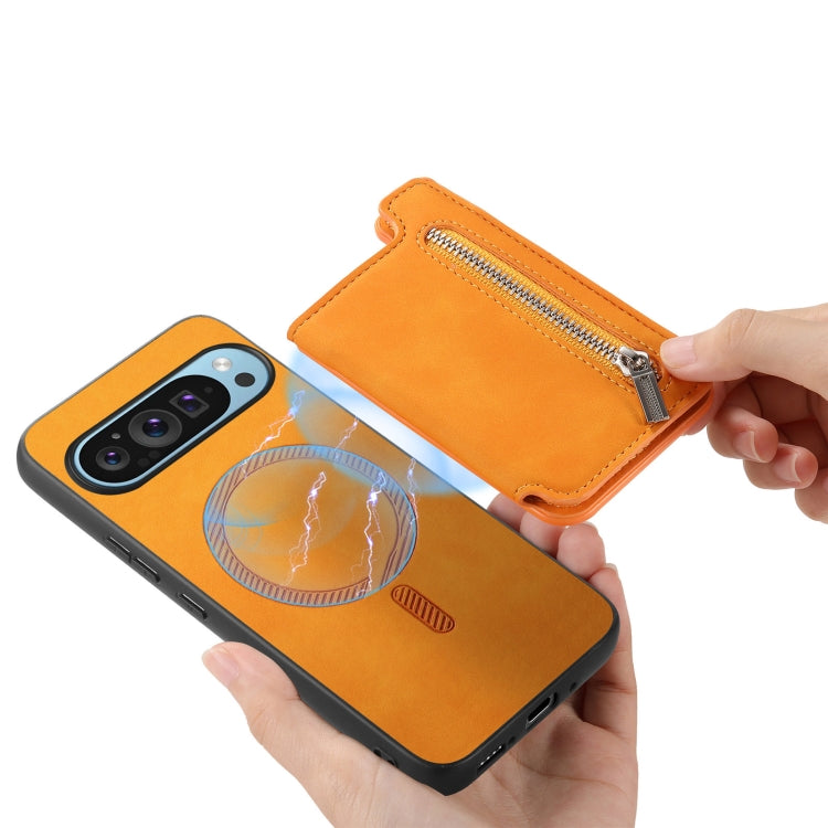 For Google Pixel 8 Retro MagSafe Zipper Wallet Card Bag Back Phone Case(Yellow) - free shipping - PMC TechLife - Order now!