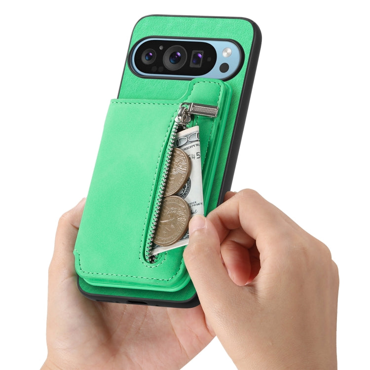 For Google Pixel 9 / 9 Pro Retro MagSafe Zipper Wallet Card Bag Back Phone Case(Green) - Google Cases by PMC TechLife | Online Shopping South Africa | PMC TechLife | Buy Now Pay Later Mobicred