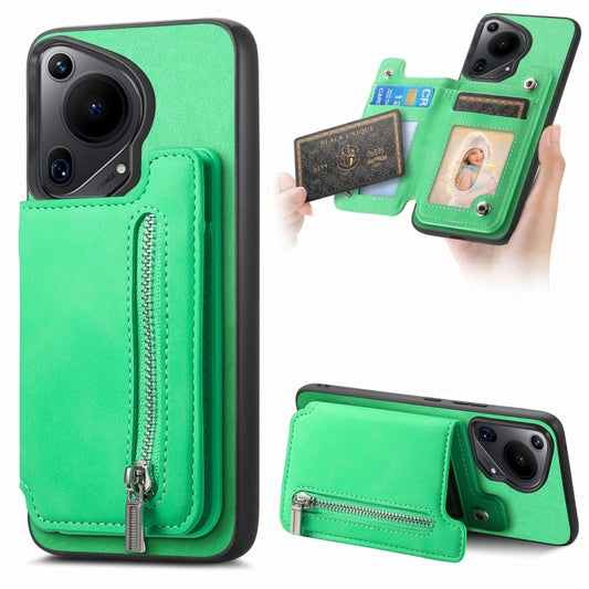 For Huawei Pura 70 Ultra Retro MagSafe Zipper Wallet Card Bag Back Phone Case(Green) - Huawei Cases by PMC Jewellery | Online Shopping South Africa | PMC Jewellery | Buy Now Pay Later Mobicred