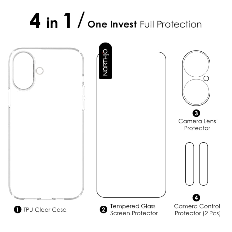 For iPhone 16 NORTHJO 4 in 1 TPU Phone Case with Screen Film and Lens Film and Camera Control Button Cover(Clear) - iPhone 16 Cases by NORTHJO | Online Shopping South Africa | PMC Jewellery | Buy Now Pay Later Mobicred