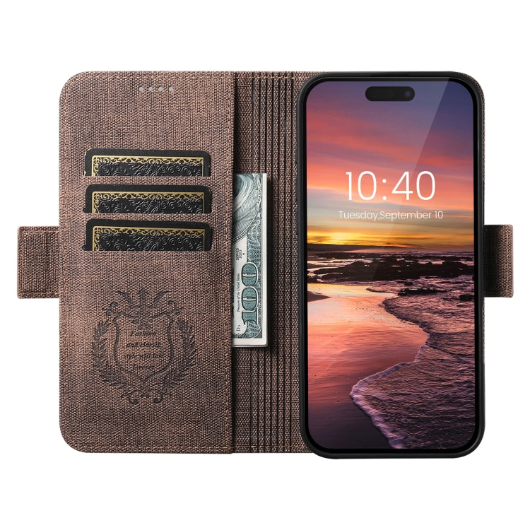 For iPhone 16 Pro Max Suteni J07 Multi-functional Horizontal MagSafe Denim Leather Phone Case(Brown) - iPhone 16 Pro Max Cases by Suteni | Online Shopping South Africa | PMC Jewellery | Buy Now Pay Later Mobicred