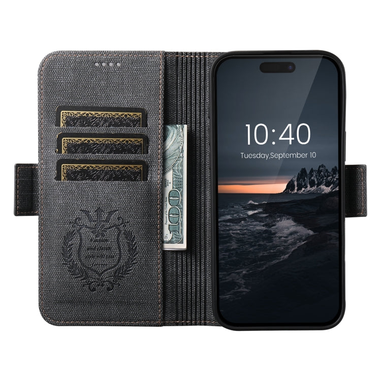 For iPhone 16 Plus Suteni J07 Multi-functional Horizontal MagSafe Denim Leather Phone Case(Black) - iPhone 16 Plus Cases by Suteni | Online Shopping South Africa | PMC Jewellery | Buy Now Pay Later Mobicred