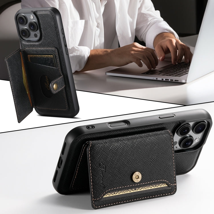 For iPhone 16 Suteni H20 Cross-Grain MagSafe Horizontal Card Bag Back Phone Case(Black) - iPhone 16 Cases by Suteni | Online Shopping South Africa | PMC Jewellery | Buy Now Pay Later Mobicred