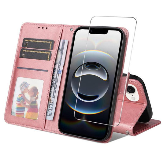 For iPhone 16e ENKAY Card Wallet Calf Texture Leather Phone Case with Screen Film(Pink) - iPhone 16e Cases by ENKAY | Online Shopping South Africa | PMC Jewellery | Buy Now Pay Later Mobicred