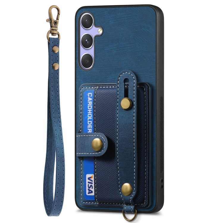 For Samsung Galaxy S25 5G Retro Cross Wristband Wallet Leather Back Phone Case(Blue) - Galaxy S25 5G Cases by PMC Jewellery | Online Shopping South Africa | PMC Jewellery | Buy Now Pay Later Mobicred