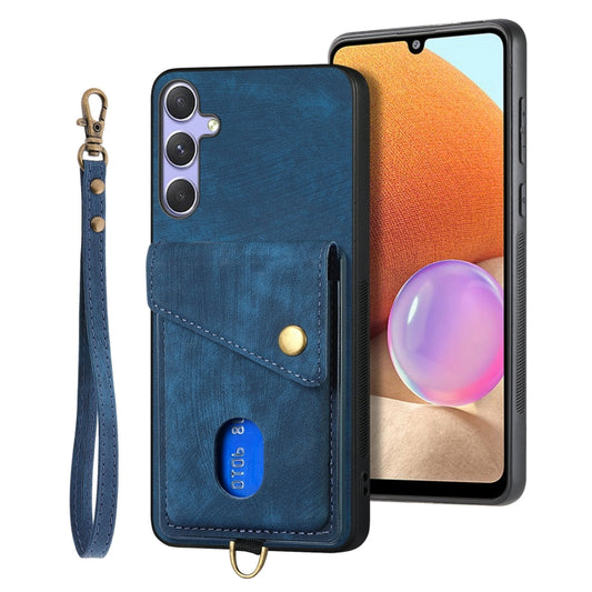 For Samsung Galaxy S25+ 5G Retro Card Wallet Fold Leather Phone Case with Strap(Blue) - Galaxy S25+ 5G Cases by PMC Jewellery | Online Shopping South Africa | PMC Jewellery | Buy Now Pay Later Mobicred