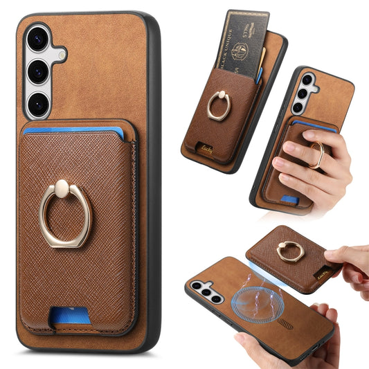 For Samsung Galaxy S25 5G Retro Cross Leather Ring Vertical Insert Card Bag MagSafe Phone Case(Brown) - Galaxy S25 5G Cases by PMC Jewellery | Online Shopping South Africa | PMC Jewellery | Buy Now Pay Later Mobicred