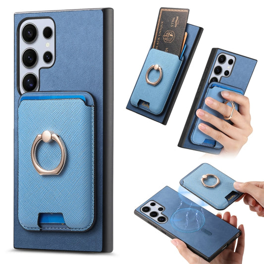 For Samsung Galaxy S25 Ultra 5G Retro Cross Leather Ring Vertical Insert Card Bag MagSafe Phone Case(Blue) - Galaxy S25 Ultra 5G Cases by PMC Jewellery | Online Shopping South Africa | PMC Jewellery | Buy Now Pay Later Mobicred