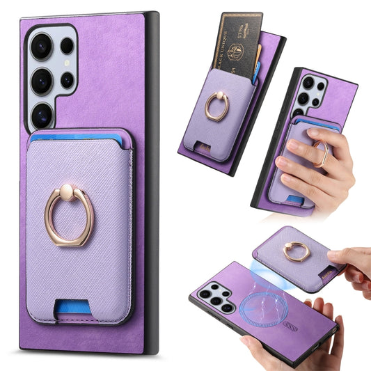 For Samsung Galaxy S25 Ultra 5G Retro Cross Leather Ring Vertical Insert Card Bag MagSafe Phone Case(Purple) - Galaxy S25 Ultra 5G Cases by PMC Jewellery | Online Shopping South Africa | PMC Jewellery | Buy Now Pay Later Mobicred