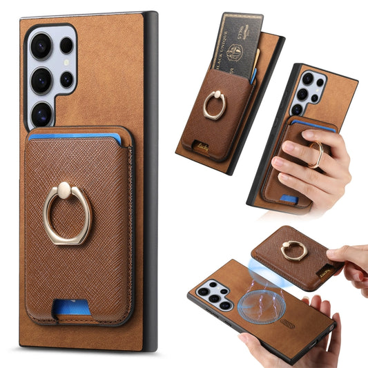 For Samsung Galaxy S25 Ultra 5G Retro Cross Leather Ring Vertical Insert Card Bag MagSafe Phone Case(Brown) - Galaxy S25 Ultra 5G Cases by PMC Jewellery | Online Shopping South Africa | PMC Jewellery | Buy Now Pay Later Mobicred