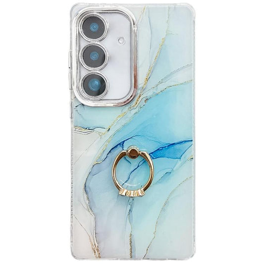 For Samsung Galaxy S25 5G Electroplated Marble Texture Ring Holder Phone Case(Light Blue S5) - Galaxy S25 5G Cases by PMC Jewellery | Online Shopping South Africa | PMC Jewellery | Buy Now Pay Later Mobicred