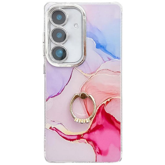 For Samsung Galaxy S25 5G Electroplated Marble Texture Ring Holder Phone Case(Red S7) - Galaxy S25 5G Cases by PMC Jewellery | Online Shopping South Africa | PMC Jewellery | Buy Now Pay Later Mobicred