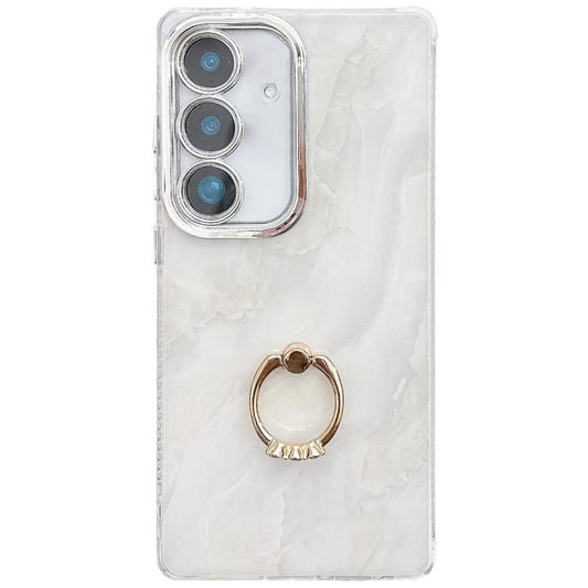 For Samsung Galaxy S25 5G Electroplated Marble Texture Ring Holder Phone Case(White S8) - Galaxy S25 5G Cases by PMC Jewellery | Online Shopping South Africa | PMC Jewellery | Buy Now Pay Later Mobicred