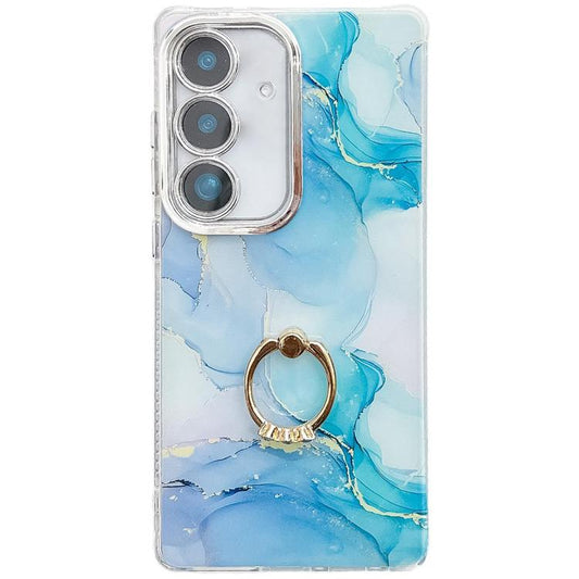 For Samsung Galaxy S25 5G Electroplated Marble Texture Ring Holder Phone Case(Blue Green S9) - Galaxy S25 5G Cases by PMC Jewellery | Online Shopping South Africa | PMC Jewellery | Buy Now Pay Later Mobicred