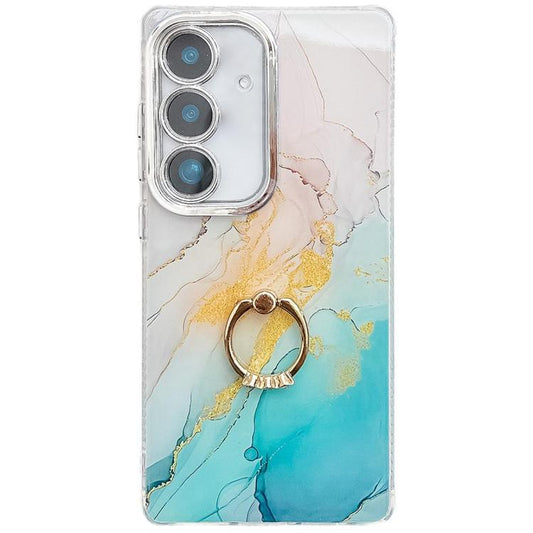 For Samsung Galaxy S25 5G Electroplated Marble Texture Ring Holder Phone Case(Yellow Green S13) - Galaxy S25 5G Cases by PMC Jewellery | Online Shopping South Africa | PMC Jewellery | Buy Now Pay Later Mobicred