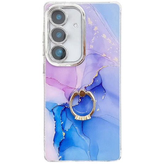 For Samsung Galaxy S25 5G Electroplated Marble Texture Ring Holder Phone Case(Purple Blue S18) - Galaxy S25 5G Cases by PMC Jewellery | Online Shopping South Africa | PMC Jewellery | Buy Now Pay Later Mobicred