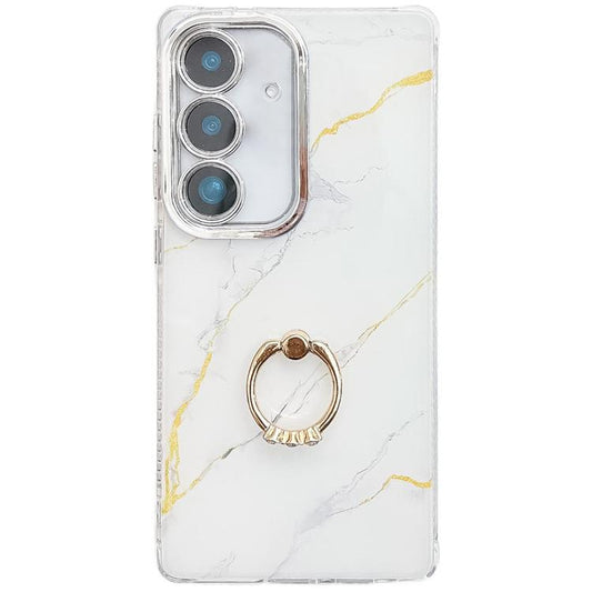 For Samsung Galaxy S25+ 5G Electroplated Marble Texture Ring Holder Phone Case(Gold White S1) - Galaxy S25+ 5G Cases by PMC Jewellery | Online Shopping South Africa | PMC Jewellery | Buy Now Pay Later Mobicred