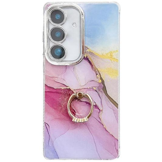 For Samsung Galaxy S25+ 5G Electroplated Marble Texture Ring Holder Phone Case(Gold Pink Red  S12) - Galaxy S25+ 5G Cases by PMC Jewellery | Online Shopping South Africa | PMC Jewellery | Buy Now Pay Later Mobicred