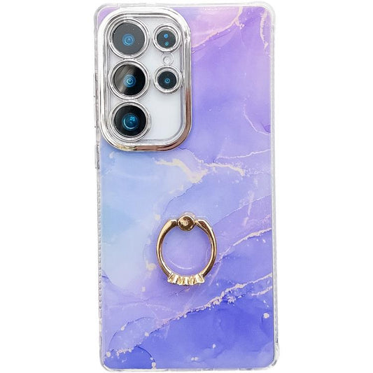 For Samsung Galaxy S25 Ultra 5G Electroplated Marble Texture Ring Holder Phone Case(Blue Purple S10) - Galaxy S25 Ultra 5G Cases by PMC Jewellery | Online Shopping South Africa | PMC Jewellery | Buy Now Pay Later Mobicred