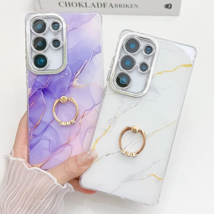 For Samsung Galaxy S25 5G Electroplated Marble Texture Ring Holder Phone Case(Gold White S1) - Galaxy S25 5G Cases by PMC Jewellery | Online Shopping South Africa | PMC Jewellery | Buy Now Pay Later Mobicred