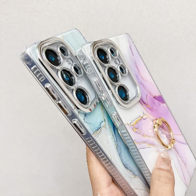 For Samsung Galaxy S25 5G Electroplated Marble Texture Ring Holder Phone Case(Light Blue S5) - Galaxy S25 5G Cases by PMC Jewellery | Online Shopping South Africa | PMC Jewellery | Buy Now Pay Later Mobicred