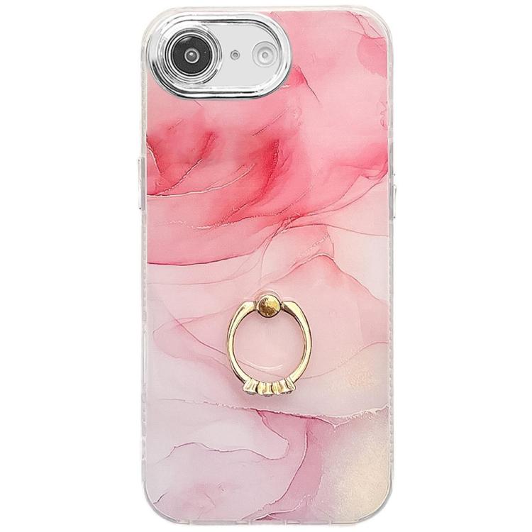 For iPhone 16e Electroplated Marble Texture Ring Holder Phone Case(Pink S2) - iPhone 16e Cases by PMC TechLife | Online Shopping South Africa | PMC TechLife | Buy Now Pay Later Mobicred