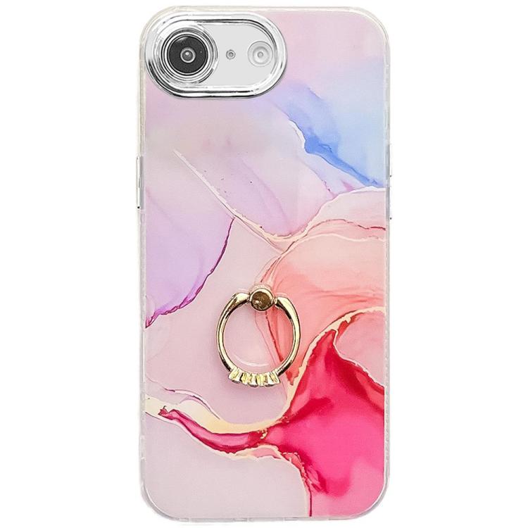 For iPhone 16e Electroplated Marble Texture Ring Holder Phone Case(Red S7) - iPhone 16e Cases by PMC TechLife | Online Shopping South Africa | PMC TechLife | Buy Now Pay Later Mobicred