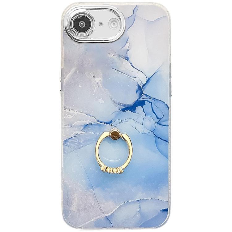 For iPhone 16e Electroplated Marble Texture Ring Holder Phone Case(Blue S11) - iPhone 16e Cases by PMC TechLife | Online Shopping South Africa | PMC TechLife | Buy Now Pay Later Mobicred